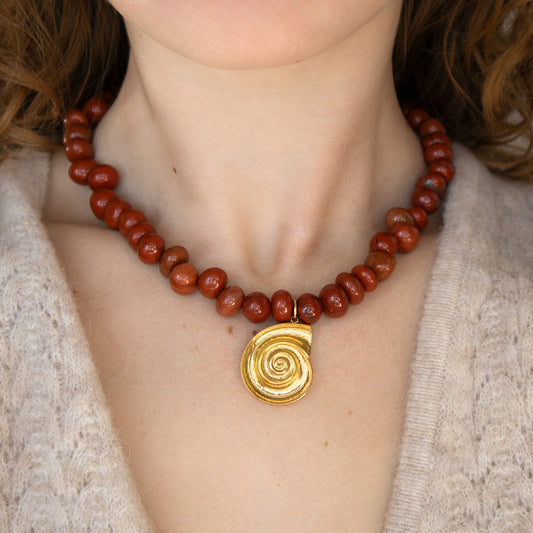 Chestnut Pebble Bead and Spiral Pendant Necklace