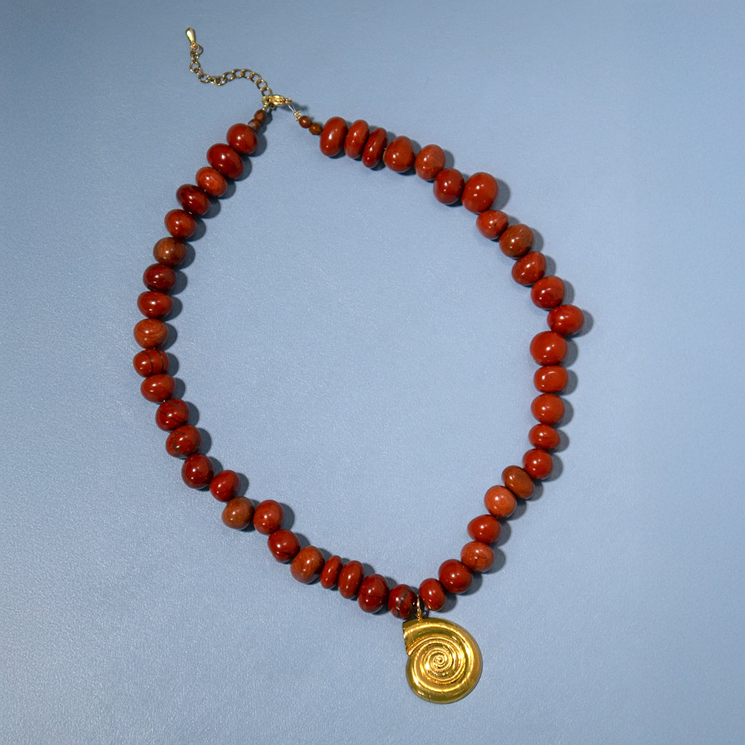 Chestnut Pebble Bead and Spiral Pendant Necklace