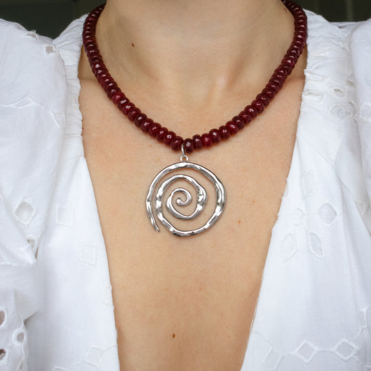 Red Gemstone and Spiral Pendant Necklace