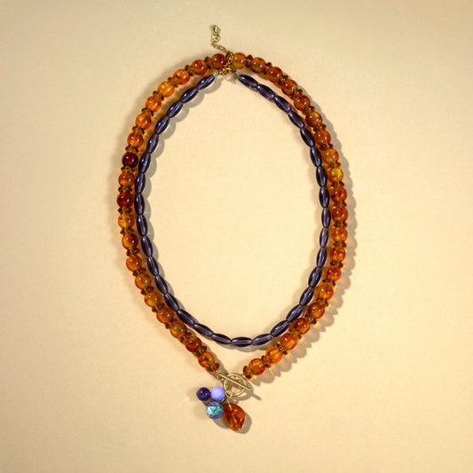 Amber and Purple Bead Necklace with Charms Set of 2