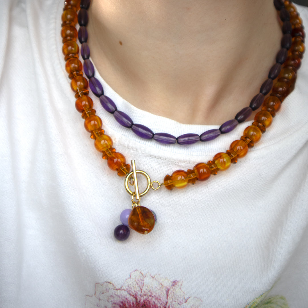 Amber and Purple Bead Necklace with Charms Set of 2