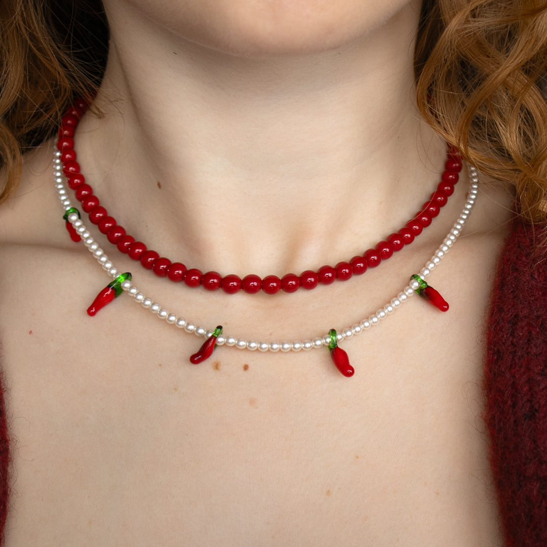 Chilli Pepper & Red Bead Necklace Set