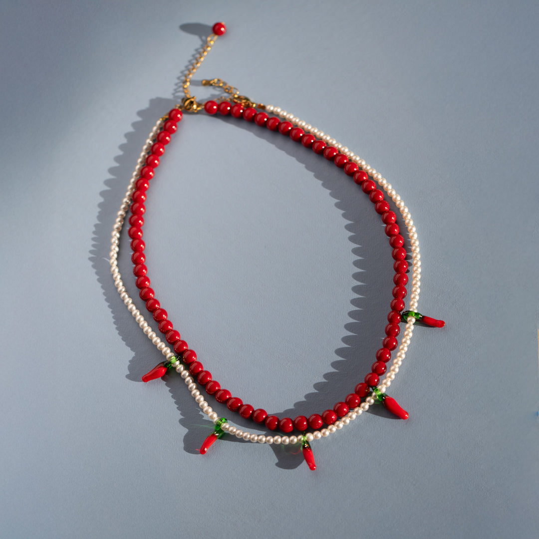 Red Bead and Chilli Pearl Necklace Set of 2