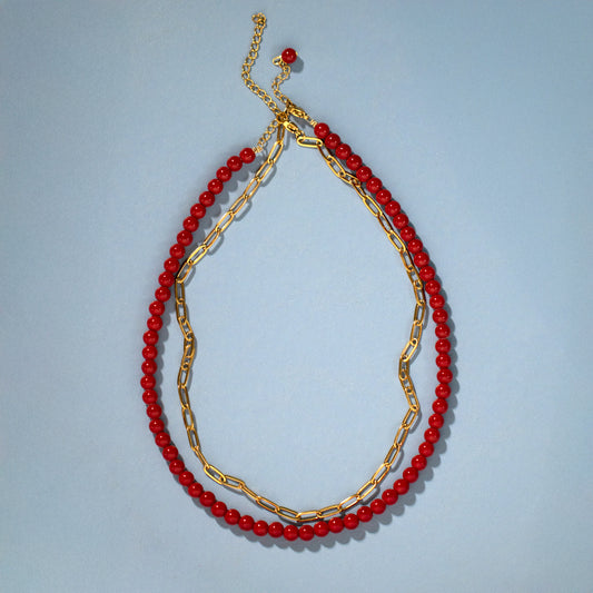 Red Bead and Paperclip Chain Necklace Set of 2