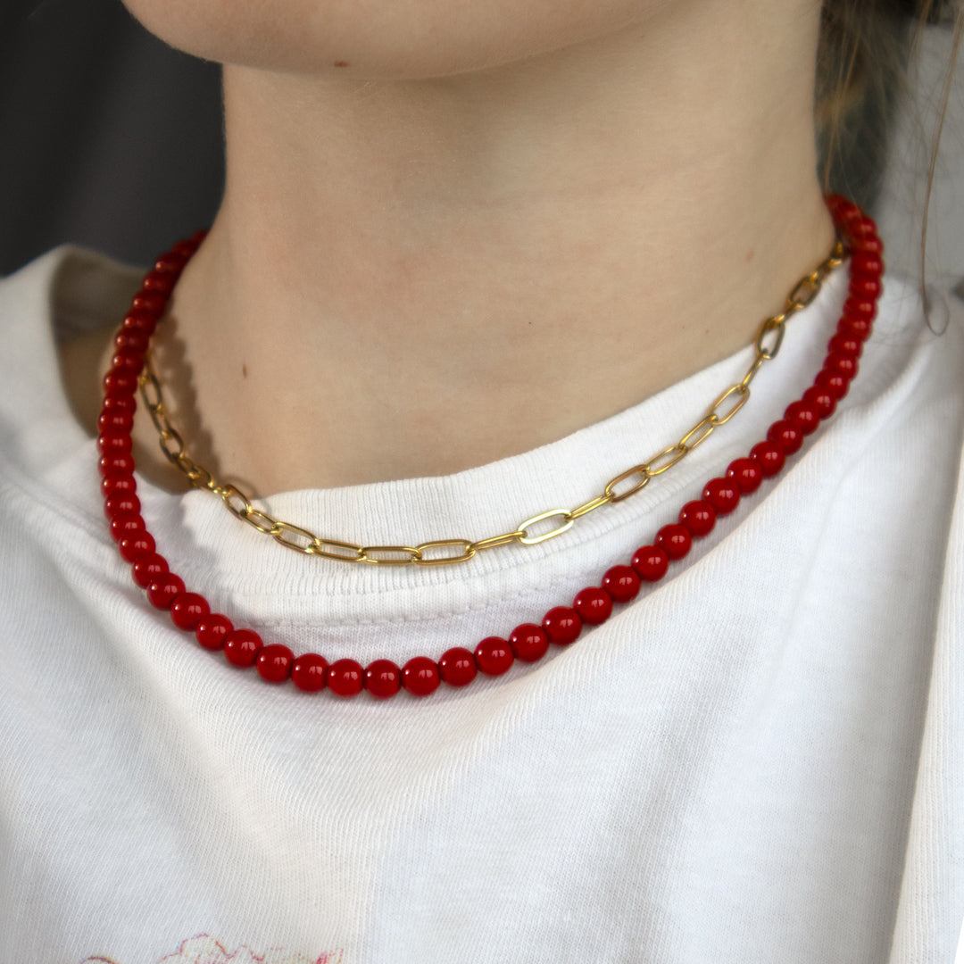 Red Bead and Paperclip Chain Necklace Set of 2