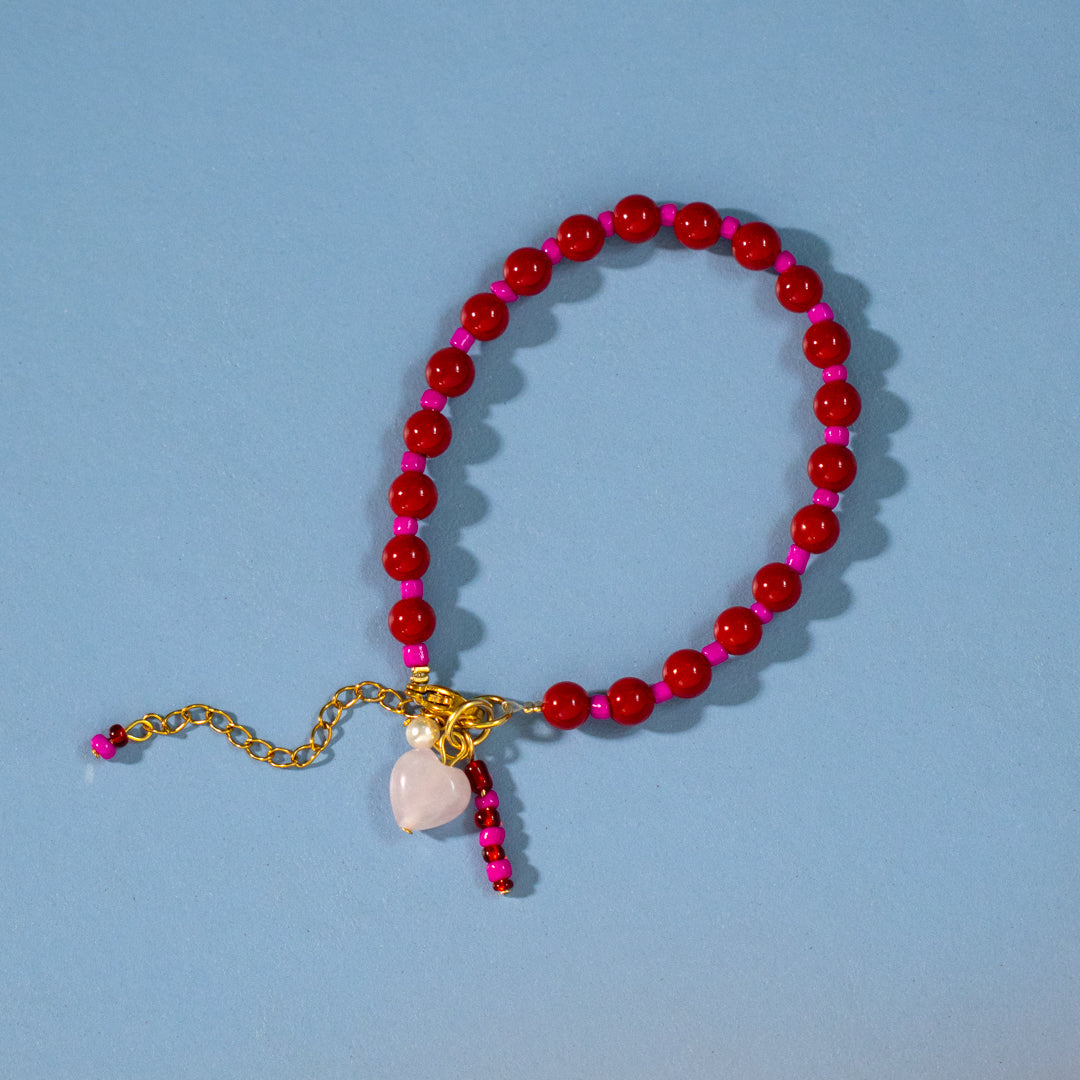 Heart Charm Red and Pink Bead Bracelet