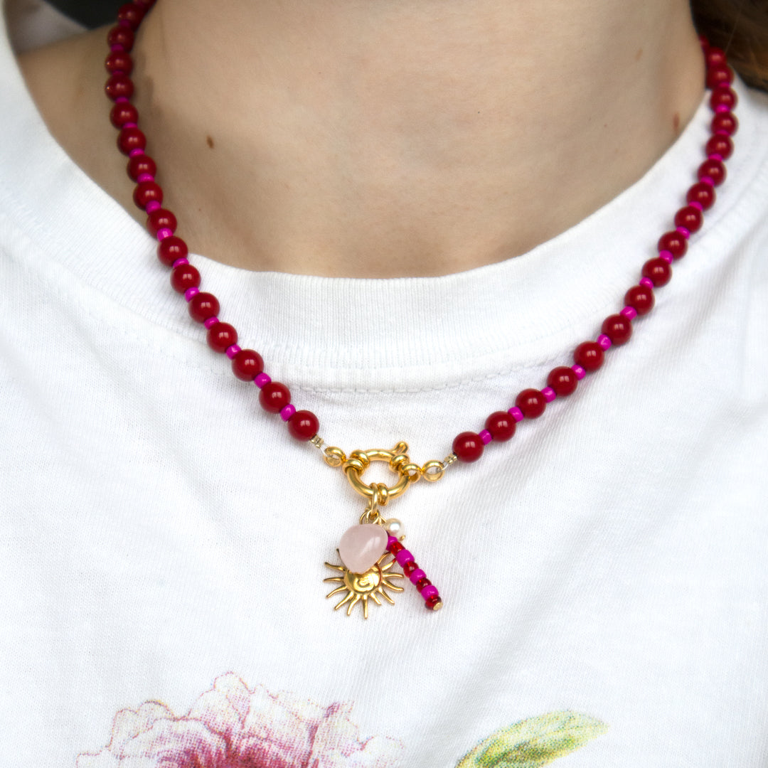 Heart Charm Red and Pink Bead Bracelet