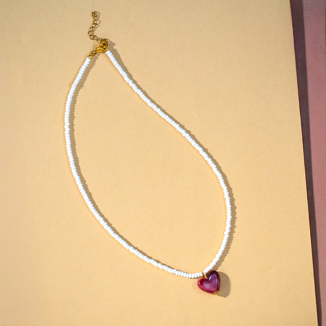 White Seed Bead and Pink Heart Necklace