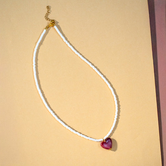 White Seed Bead and Pink Heart Necklace