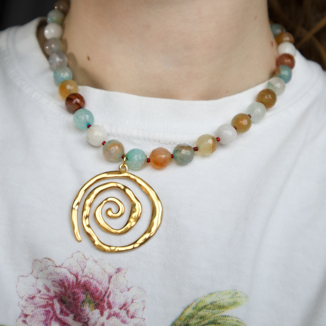 Chunky Gemstone Bead Necklace and Spiral Pendant Necklace