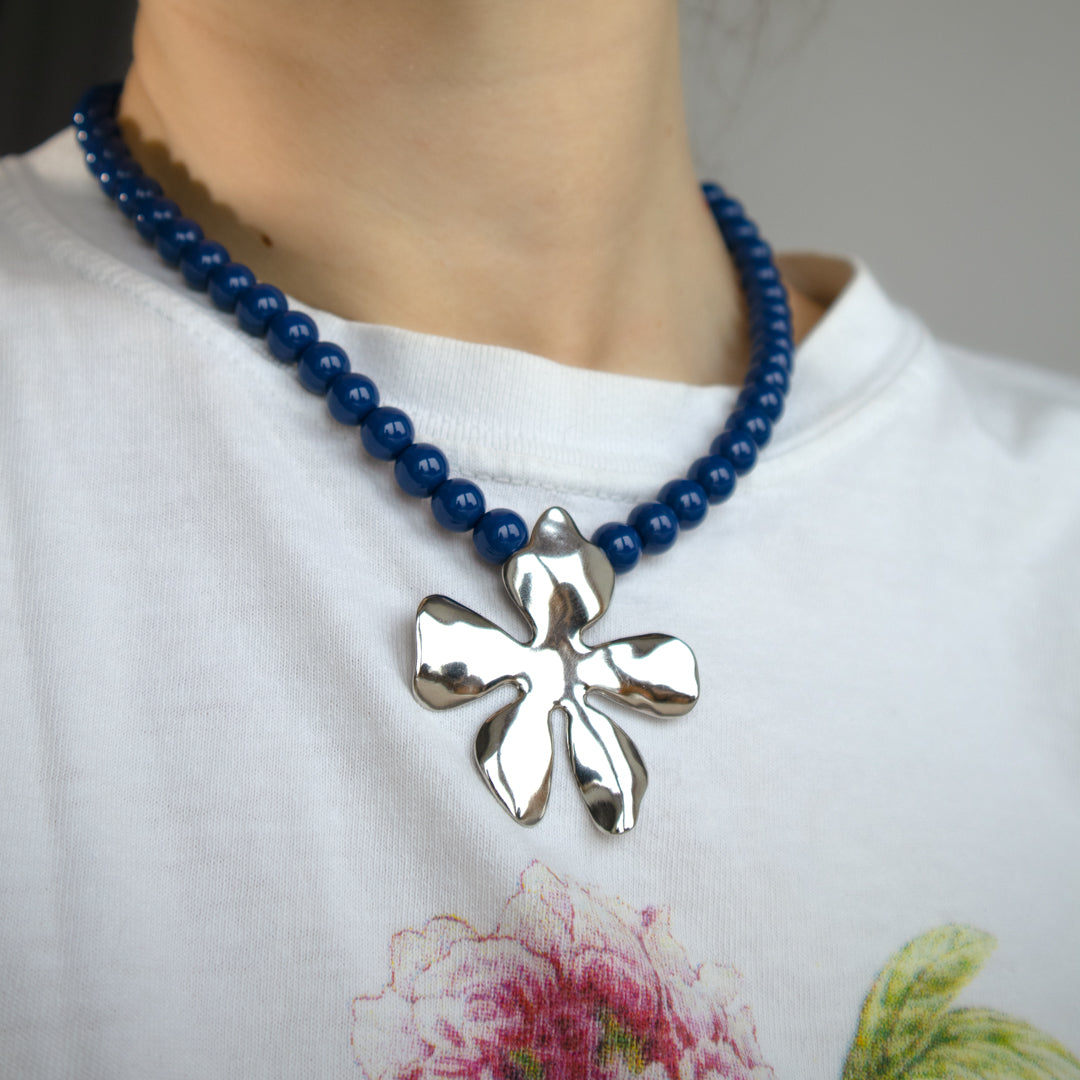 Statement Navy Bead and Silver Flower Necklace