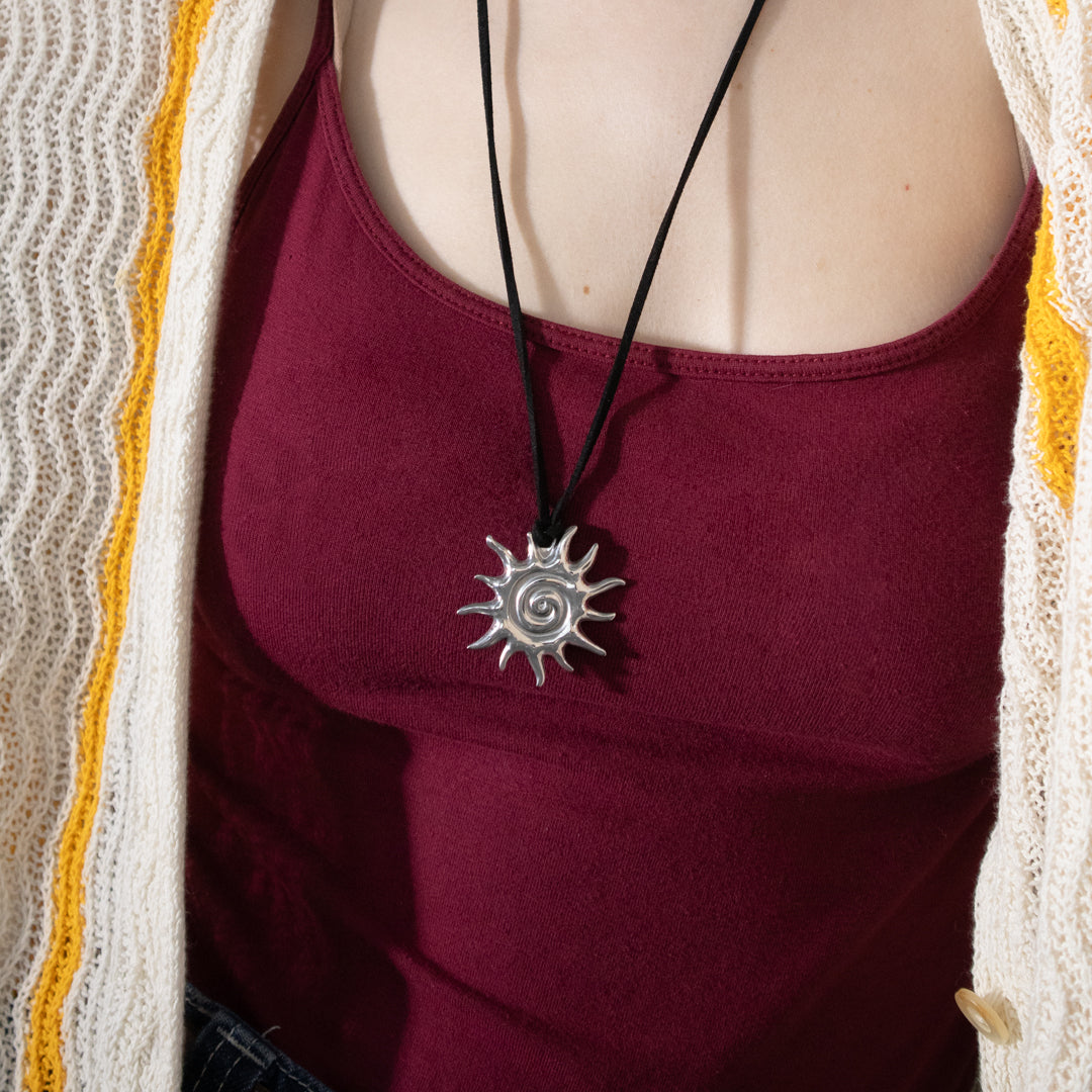 Silver Sun Long Pendant Necklace