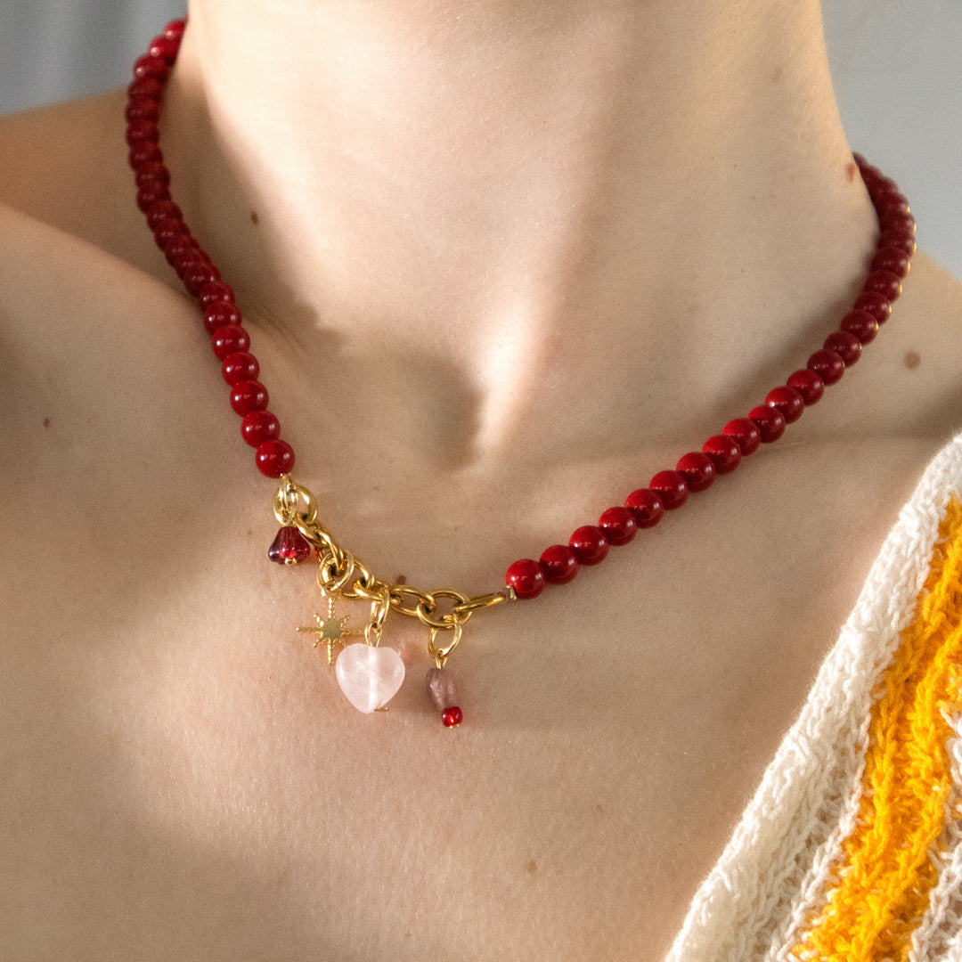 Heart and Star Charms Red Bead Necklace