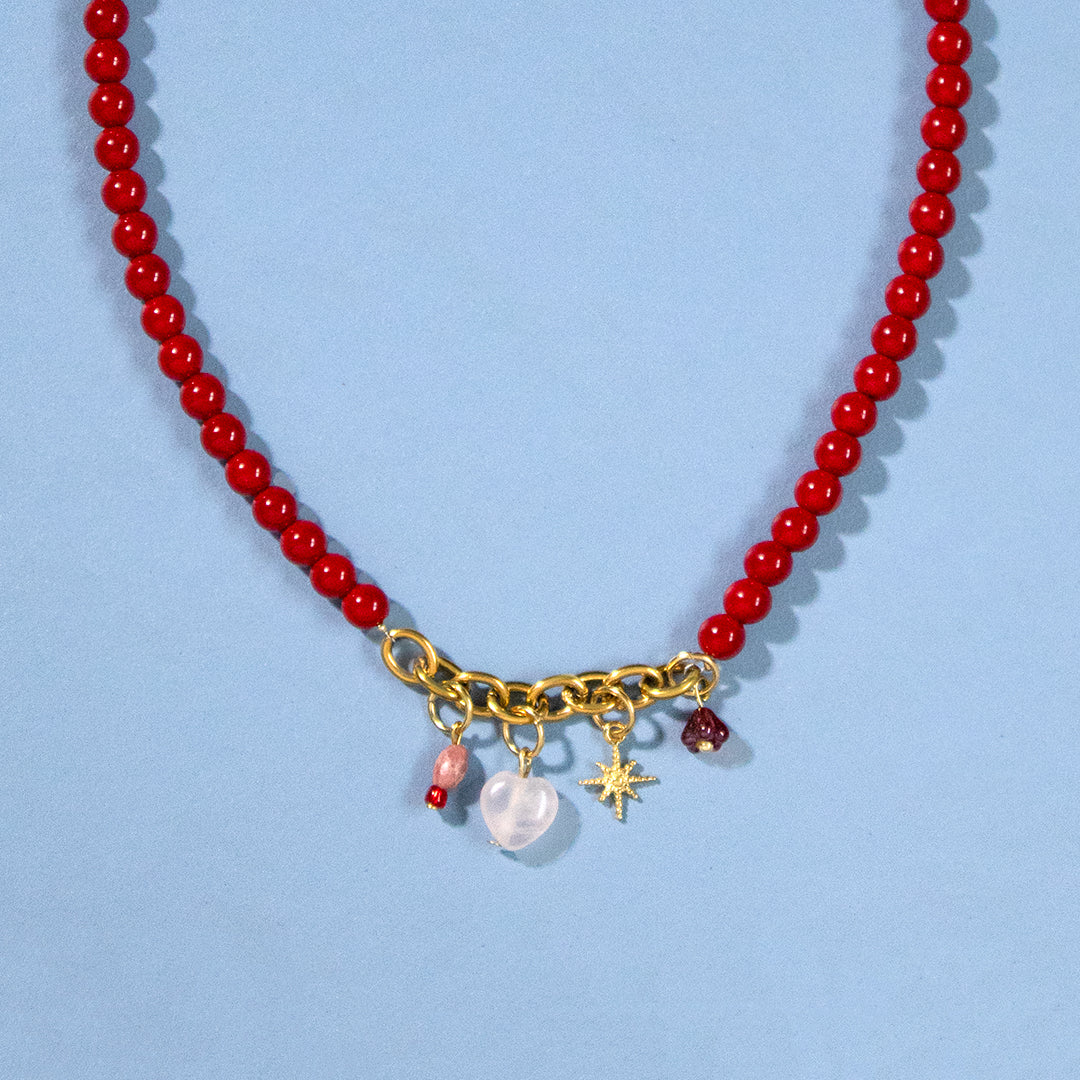 Heart and Star Charms Red Bead Necklace