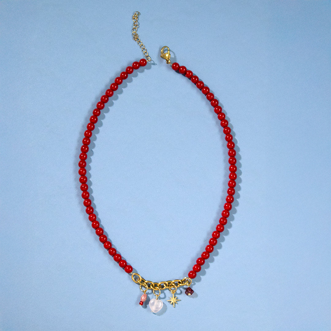 Heart and Star Charms Red Bead Necklace