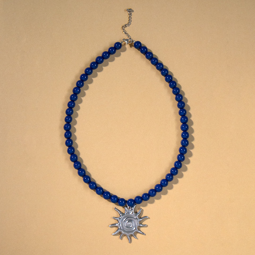 Navy Bead and Sun Pendant Necklace