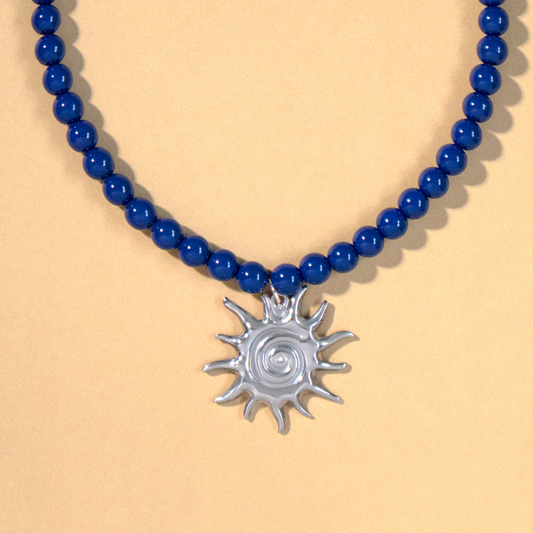 Navy Bead and Sun Pendant Necklace