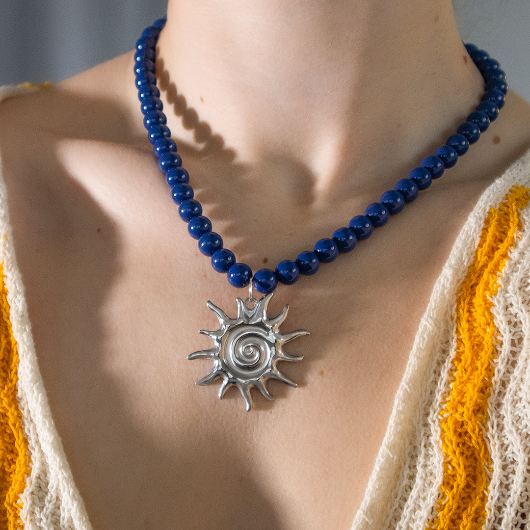 Navy Bead and Sun Pendant Necklace