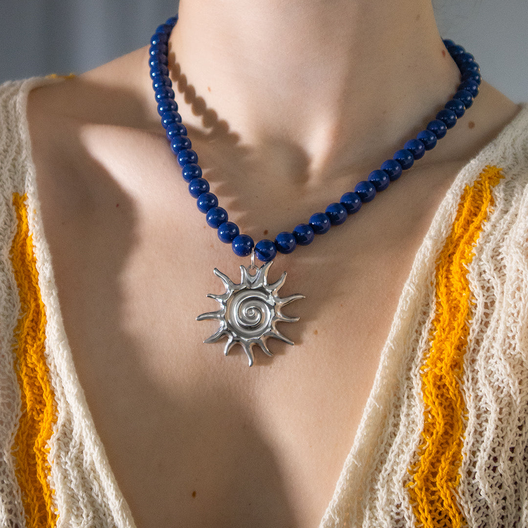 Navy Bead and Sun Pendant Necklace