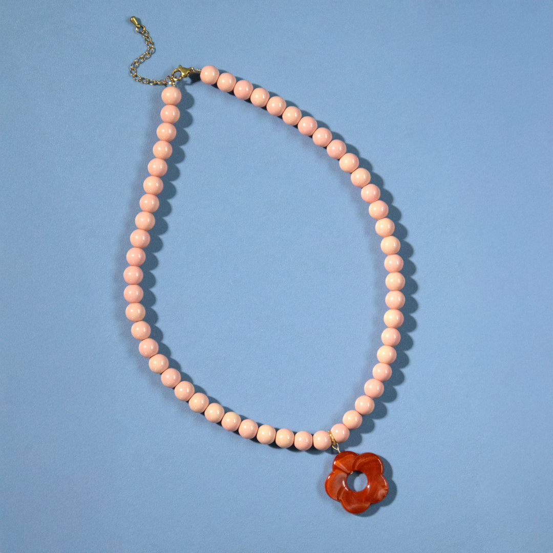 Peach Bead and Orange Flower Necklace