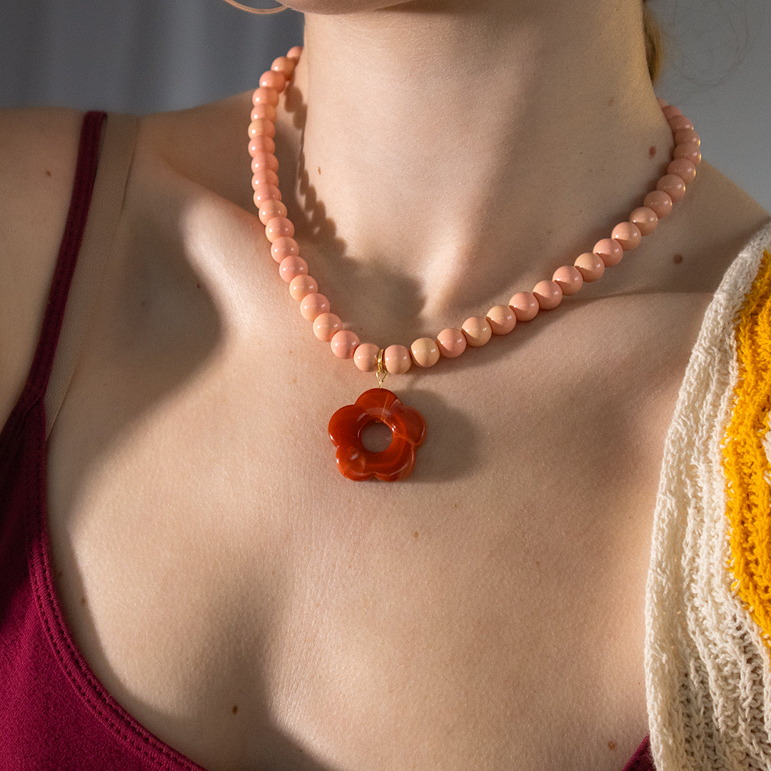 Peach Bead and Orange Flower Necklace