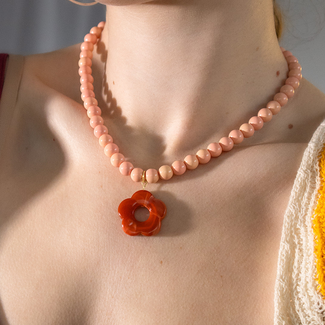 Peach Bead and Orange Flower Necklace