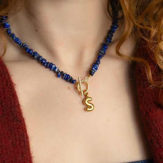 Bubble Initial Lapis Lazuli Gemstone Necklace