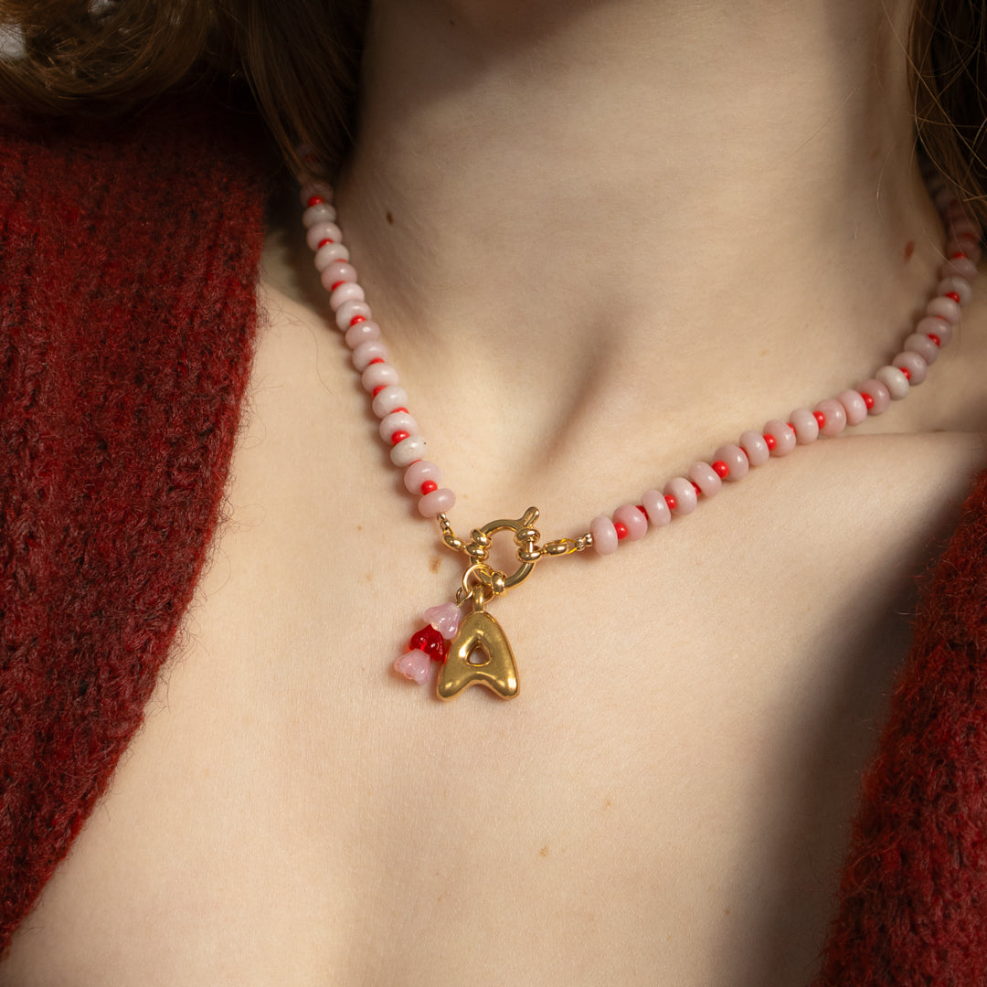 Bubble Initial and Pink Gemstone Gingham Necklace