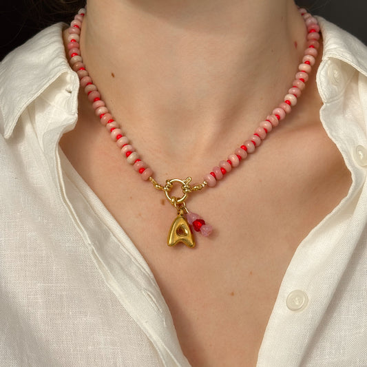 Bubble Initial and Pink Gemstone Gingham Necklace