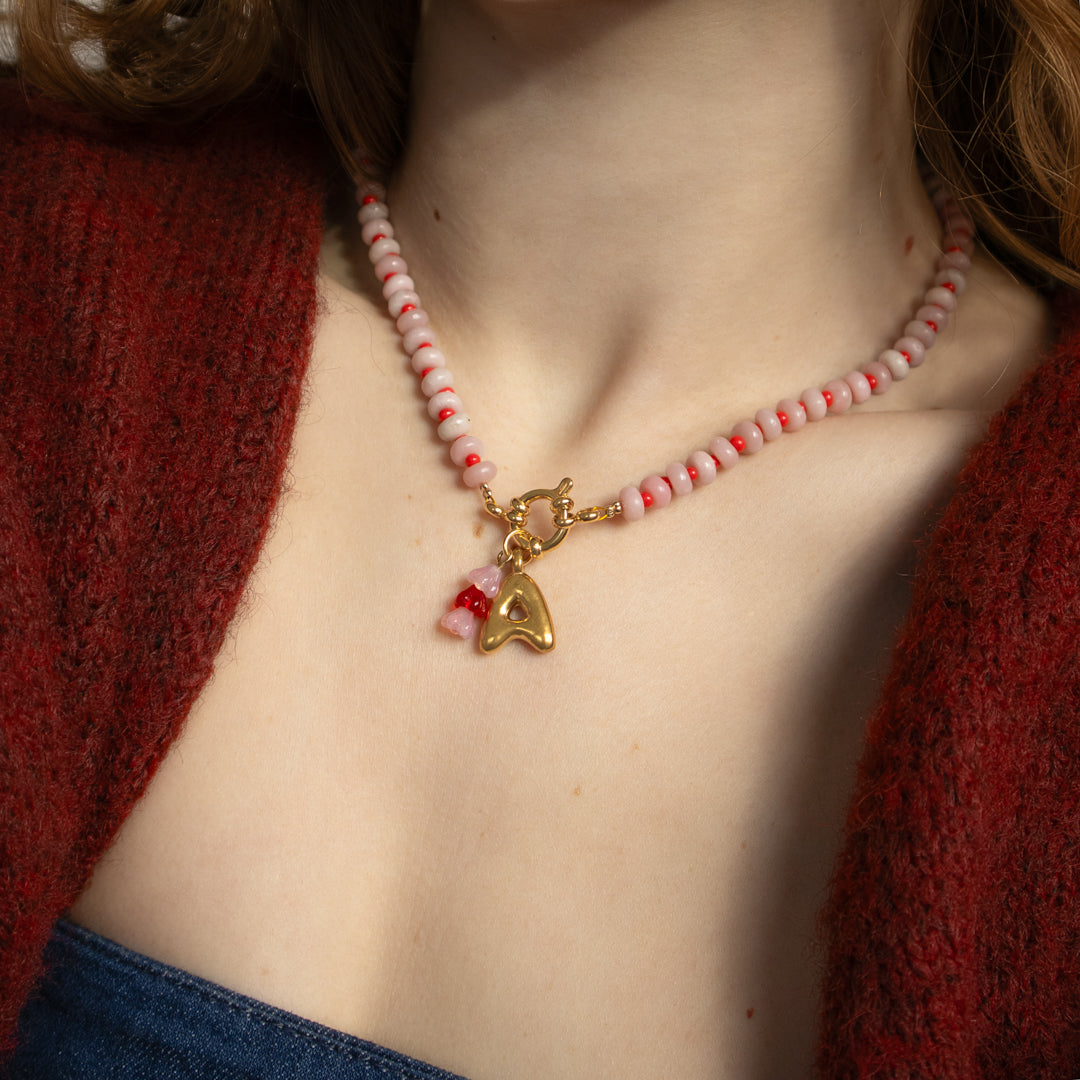 Bubble Initial and Pink Gemstone Gingham Necklace