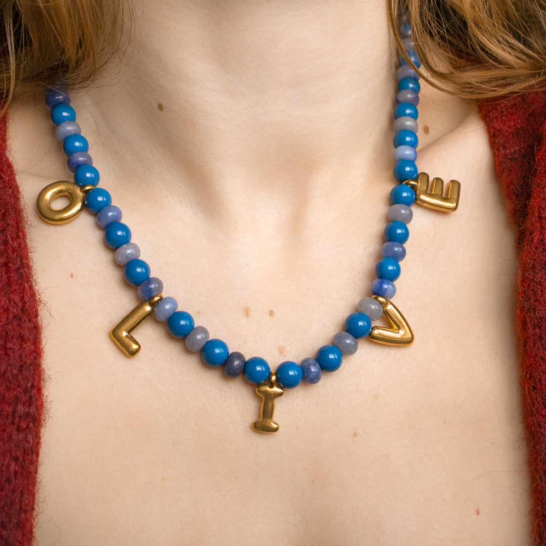 Personalised Bubble Letters Name Blue Gemstone Bead Necklace