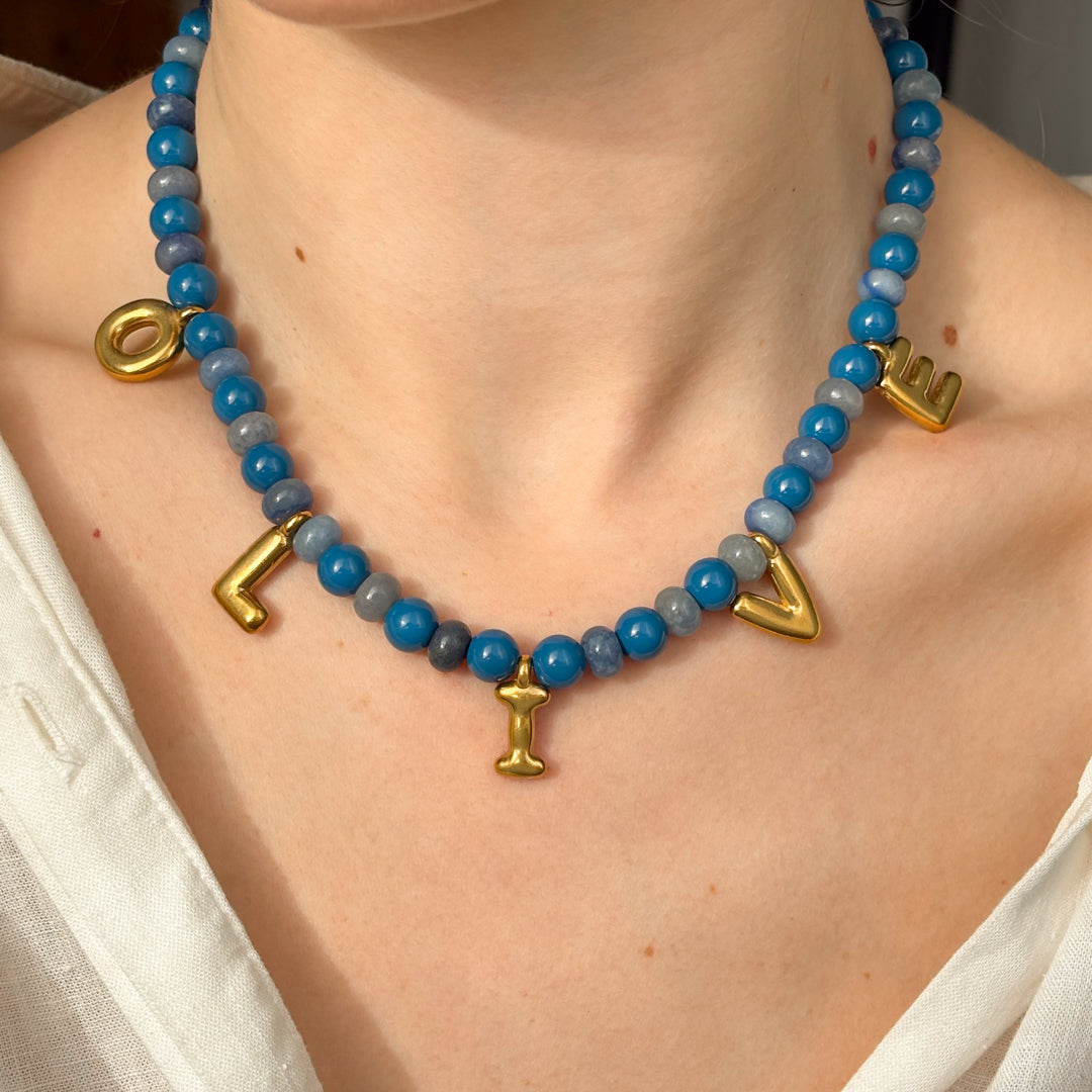 Personalised Bubble Letters Name Blue Gemstone Bead Necklace