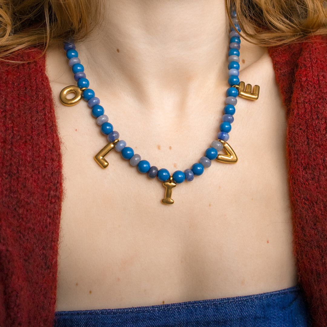 Personalised Bubble Letters Name Blue Gemstone Bead Necklace