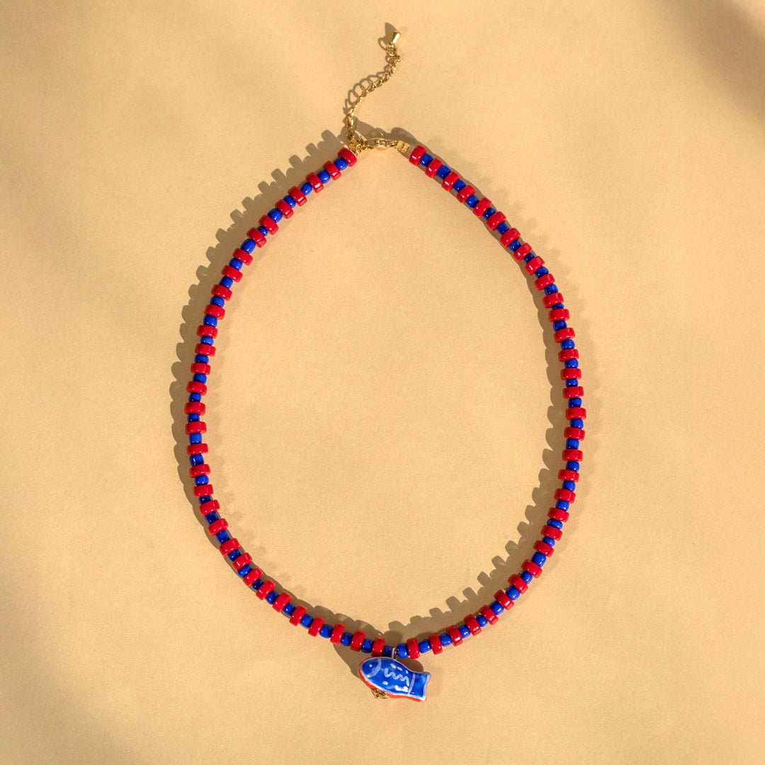 Red & Blue Bead Fish Charm Necklace