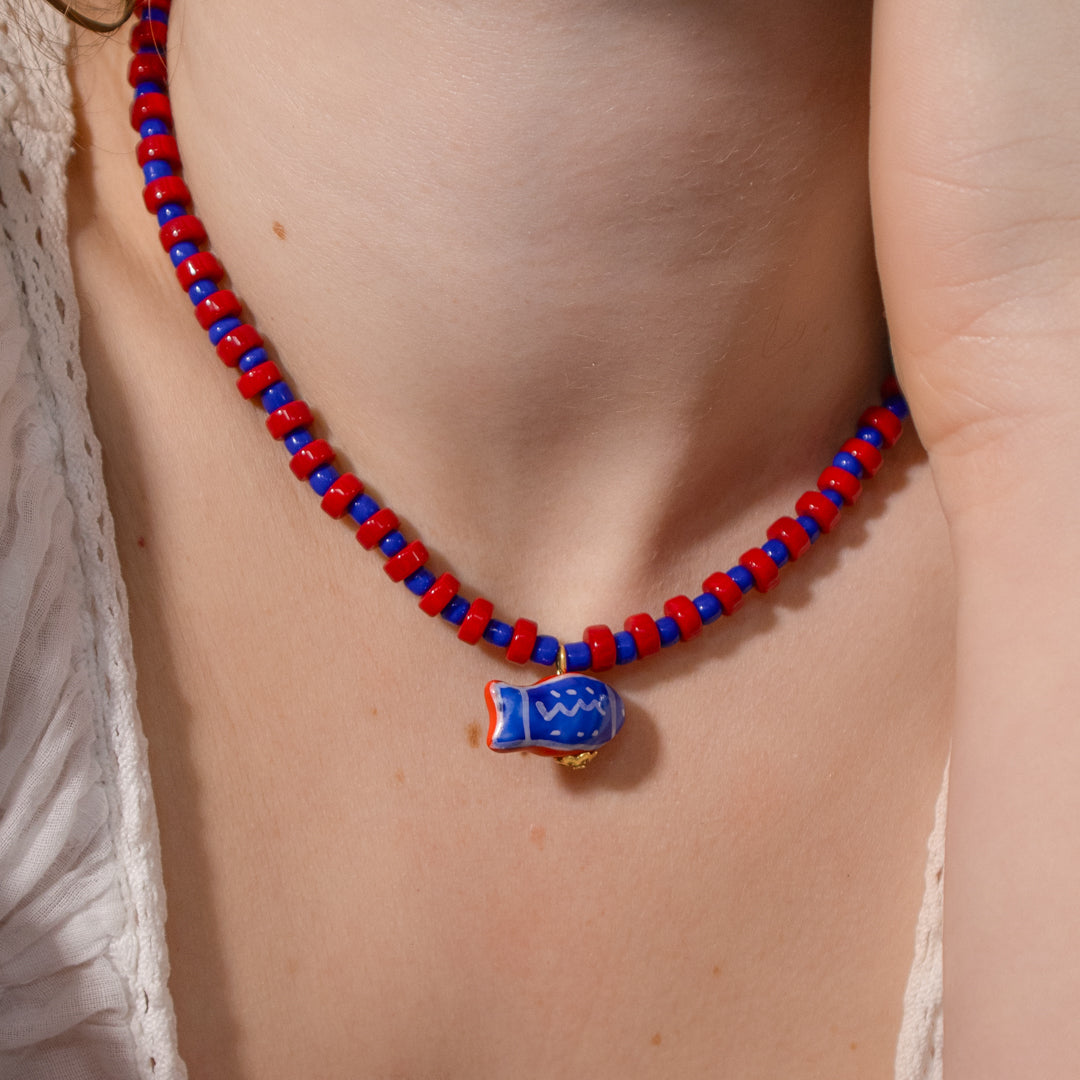 Red & Blue Bead Fish Charm Necklace