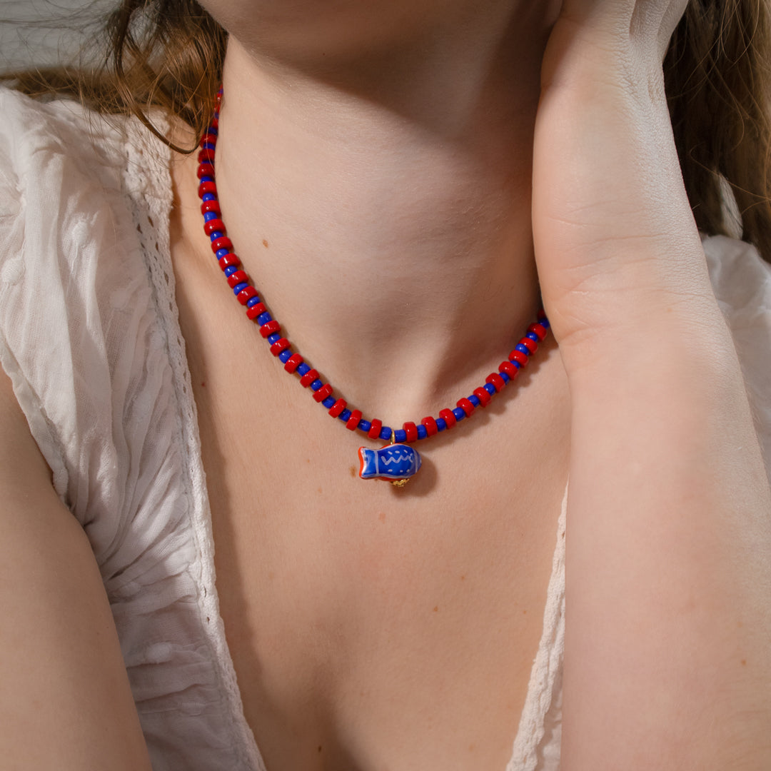 Red & Blue Bead Fish Charm Necklace