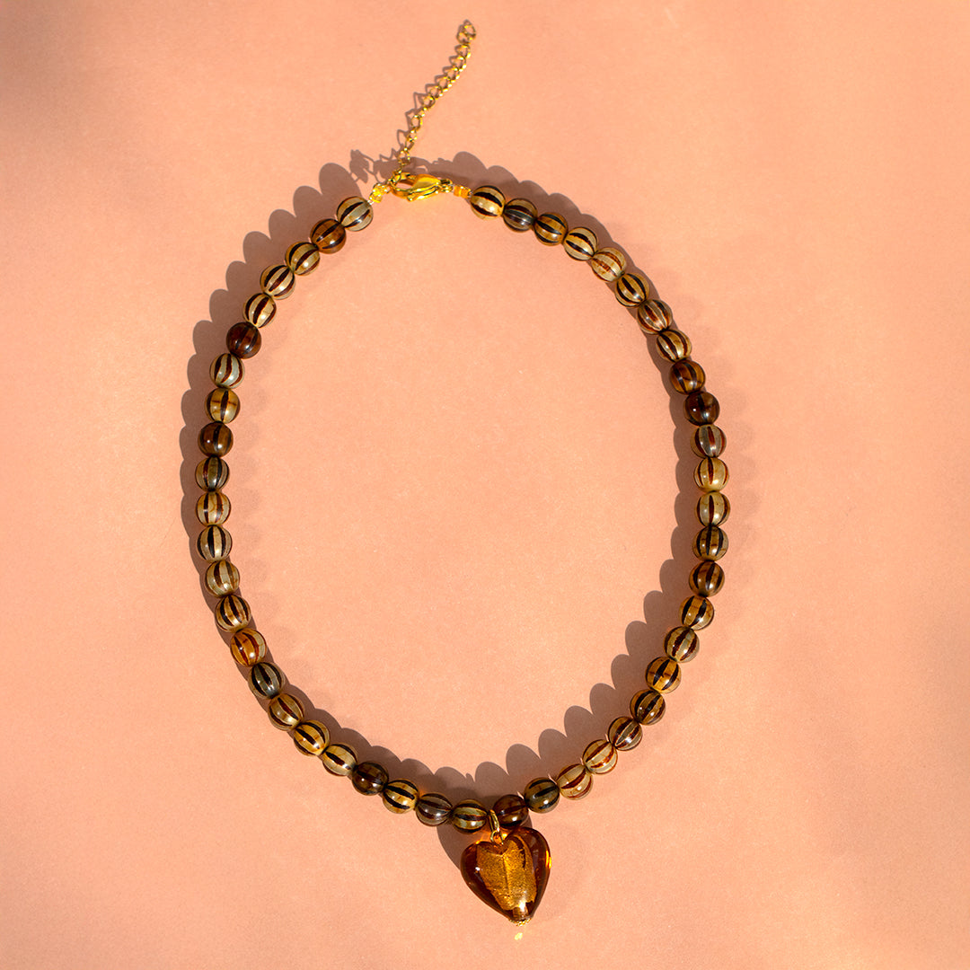 Amber Heart and Stripe Bead Necklace