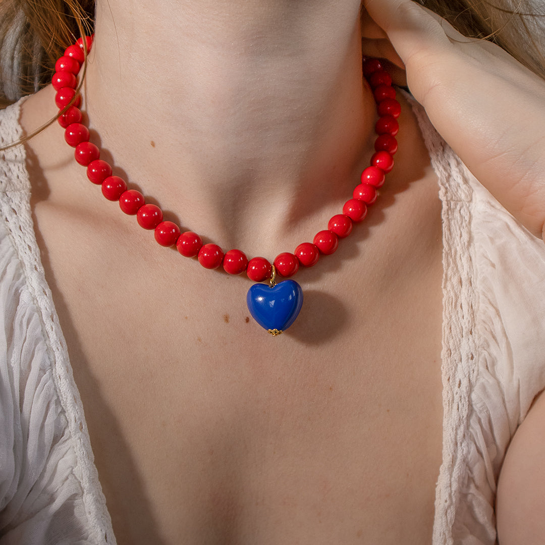 Red Bead and Blue Heart Necklace