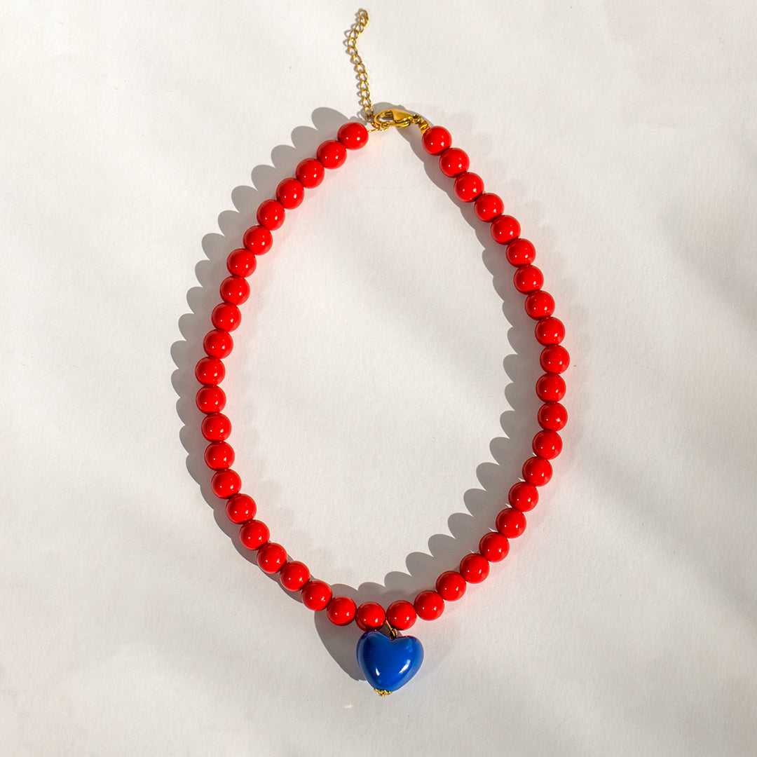 Red Bead and Blue Heart Necklace