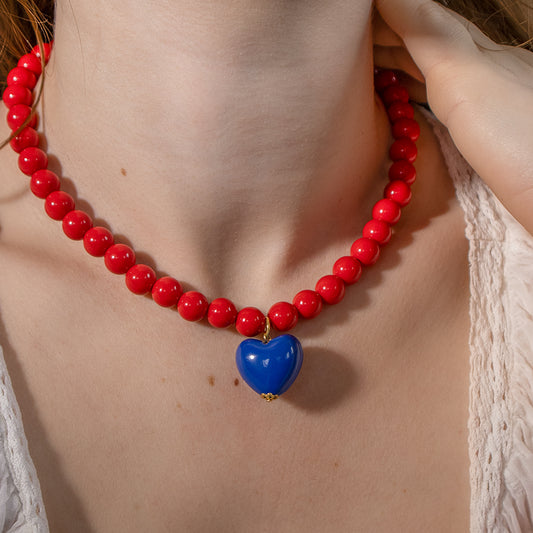 Red Bead and Blue Heart Necklace