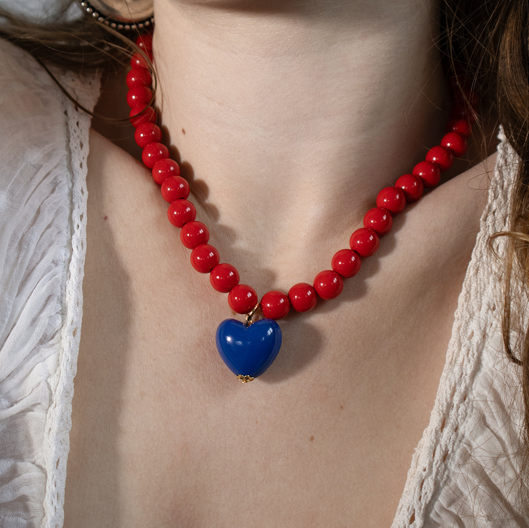 Red Bead and Blue Heart Necklace