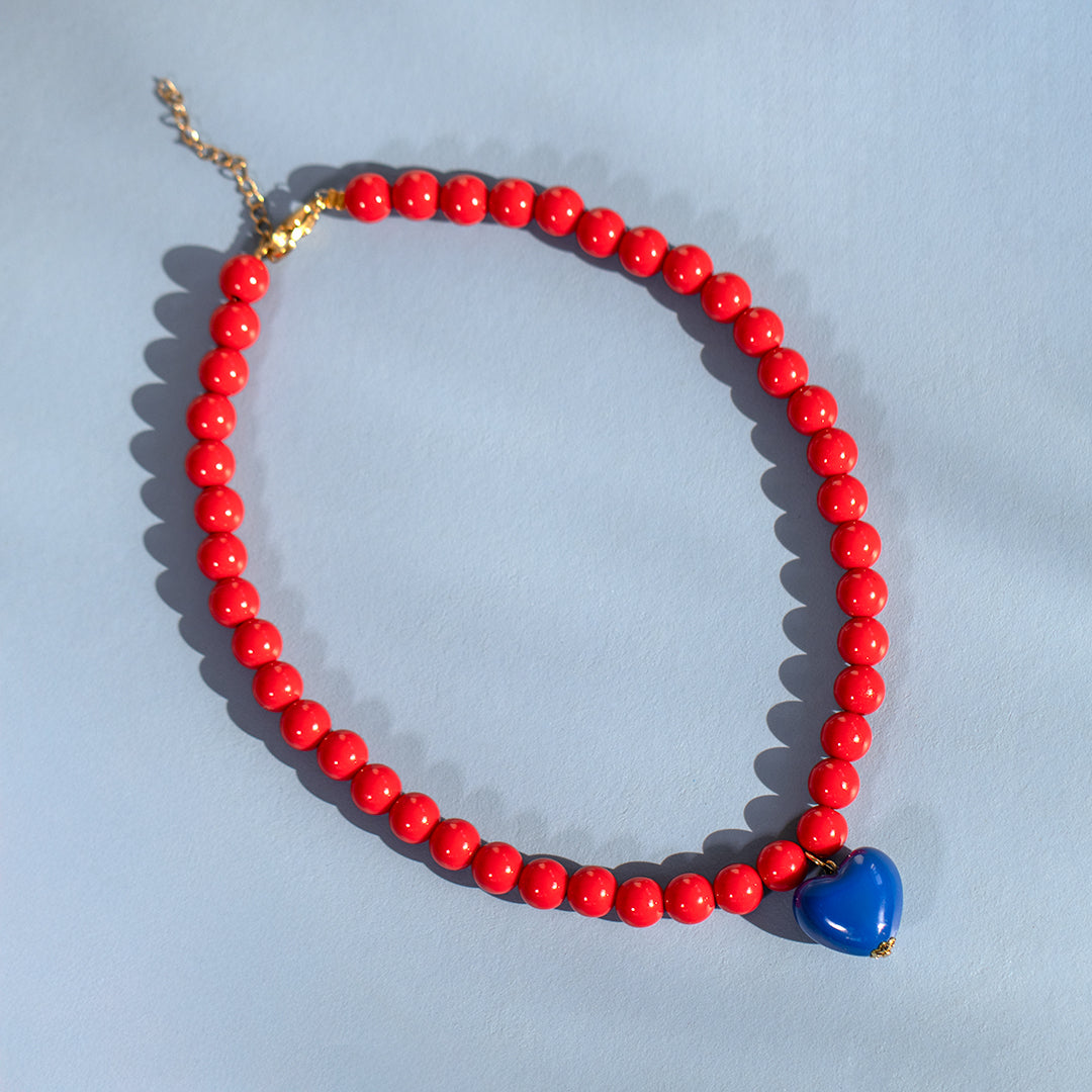 Red Bead and Blue Heart Necklace