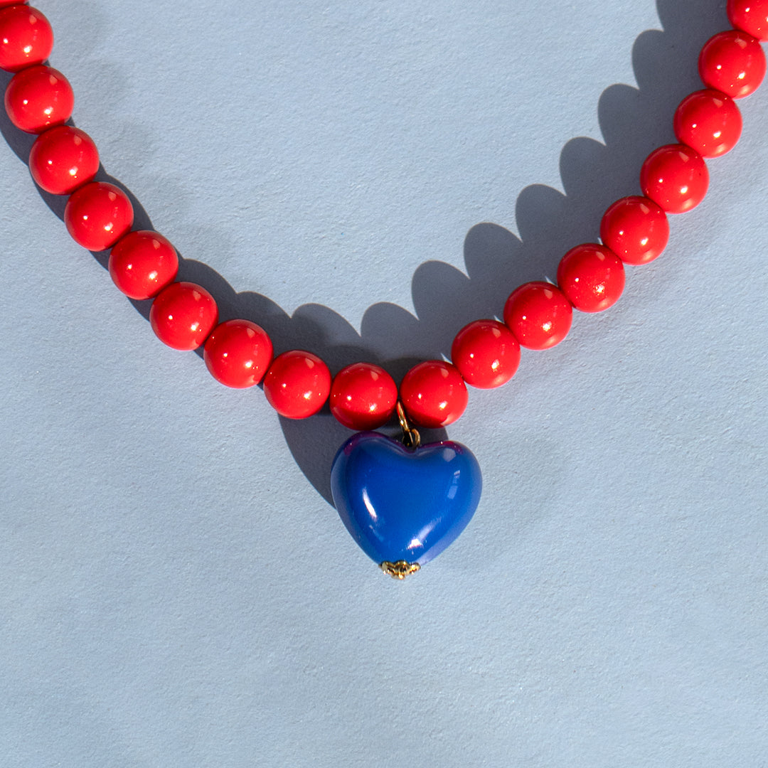 Red Bead and Blue Heart Necklace