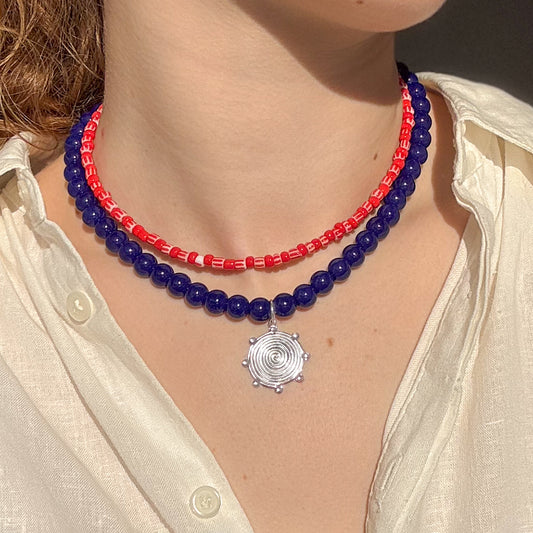 Two Necklace Set: Navy Coin Pendant + Red Beads