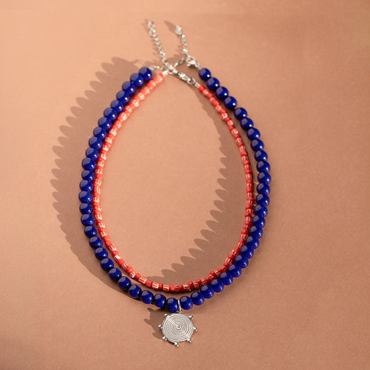 Navy Coin & Red Stripe Necklace Set