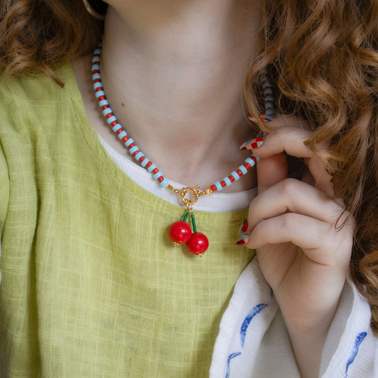Blue Gingham Cherry Charm Necklace