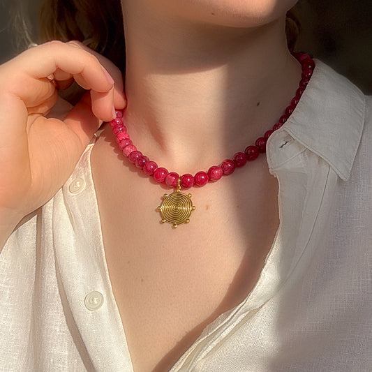 Nomad Pink Jade Spiral Coin Necklace