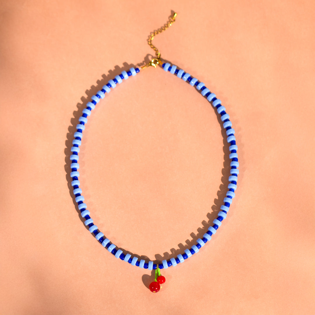 Blue Gingham Berry Charm Necklace