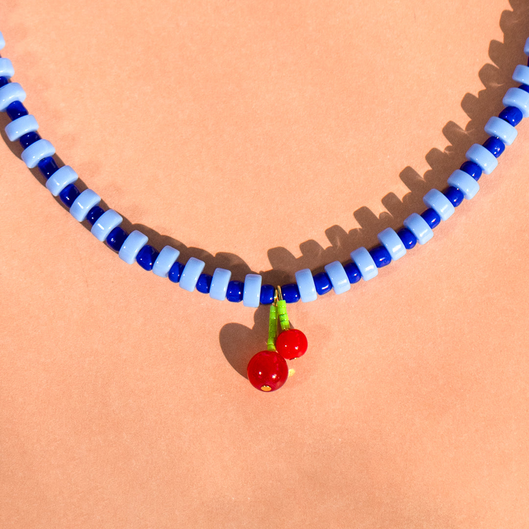 Blue Gingham Berry Charm Necklace