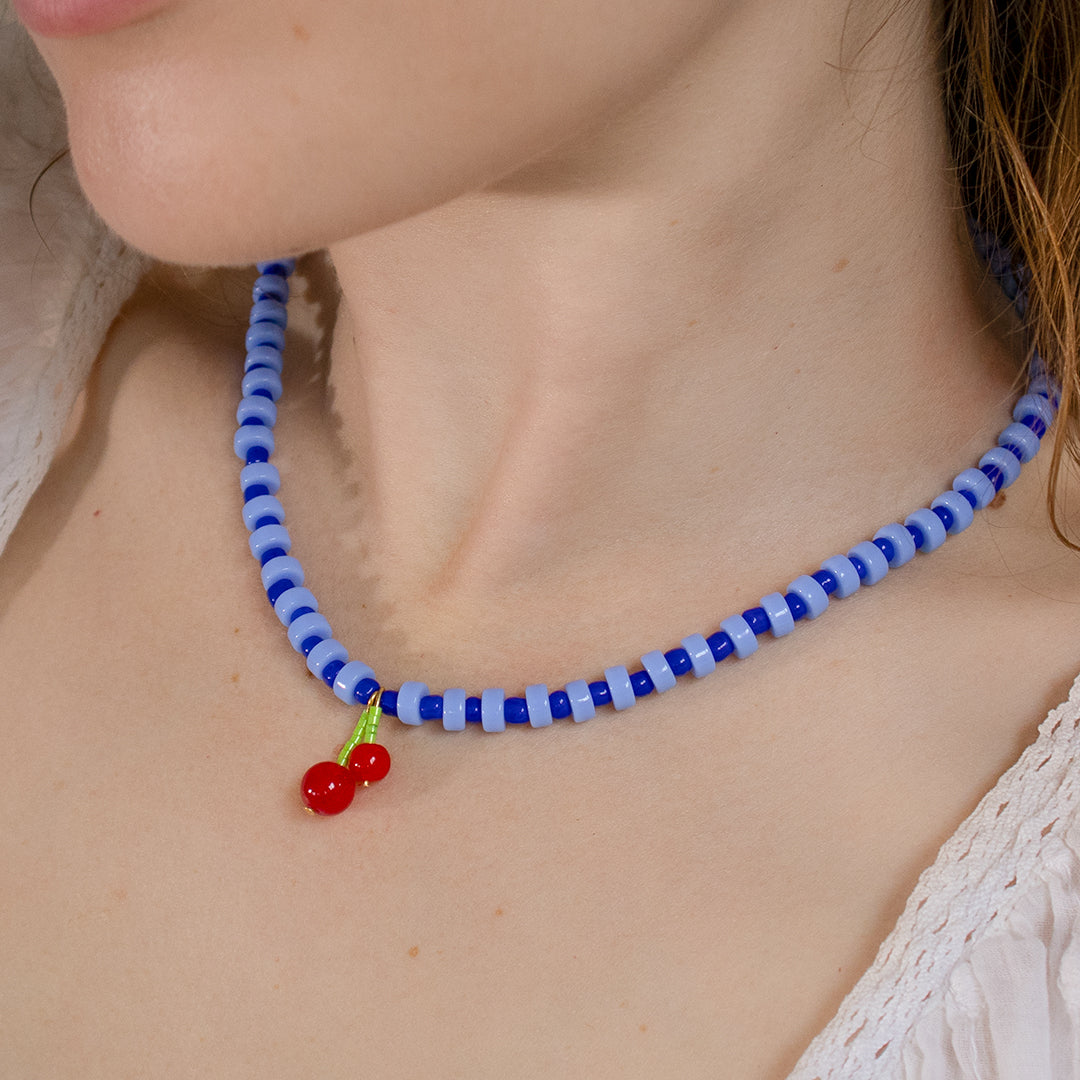 Blue Gingham Berry Charm Necklace